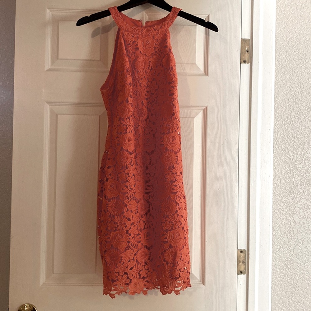 Orange, lace halter dress
